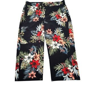 Tropical Floral Navy Capri Pull On Pants Hibiscus Print Beachwear Vacation Boho